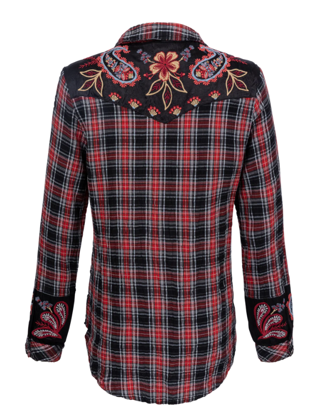 A red, black, and white plaid shirt with intricate floral embroidered details and puffed sleeves.