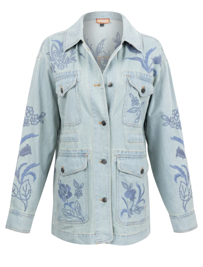 Light blue denim jacket with floral embroidery on a white background