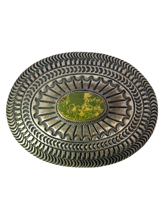 Front view of the June Delgarito Sterling Silver Turquoise Belt Buckle