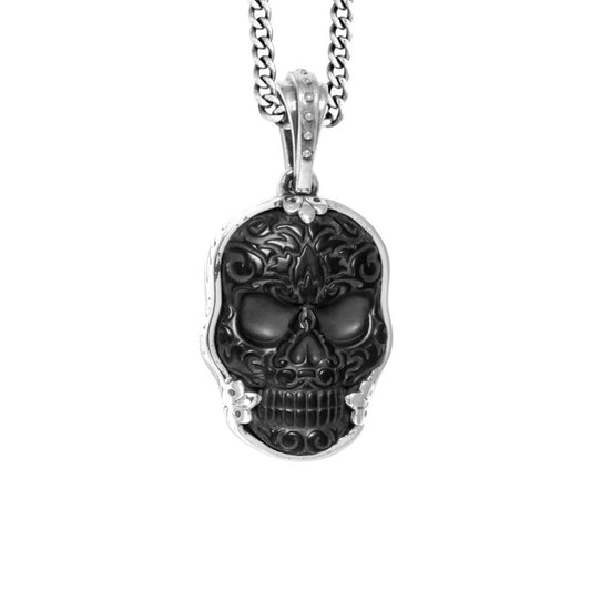 King Baby Large Carved Jet Baroque Skull in Bezel Setting Pendant