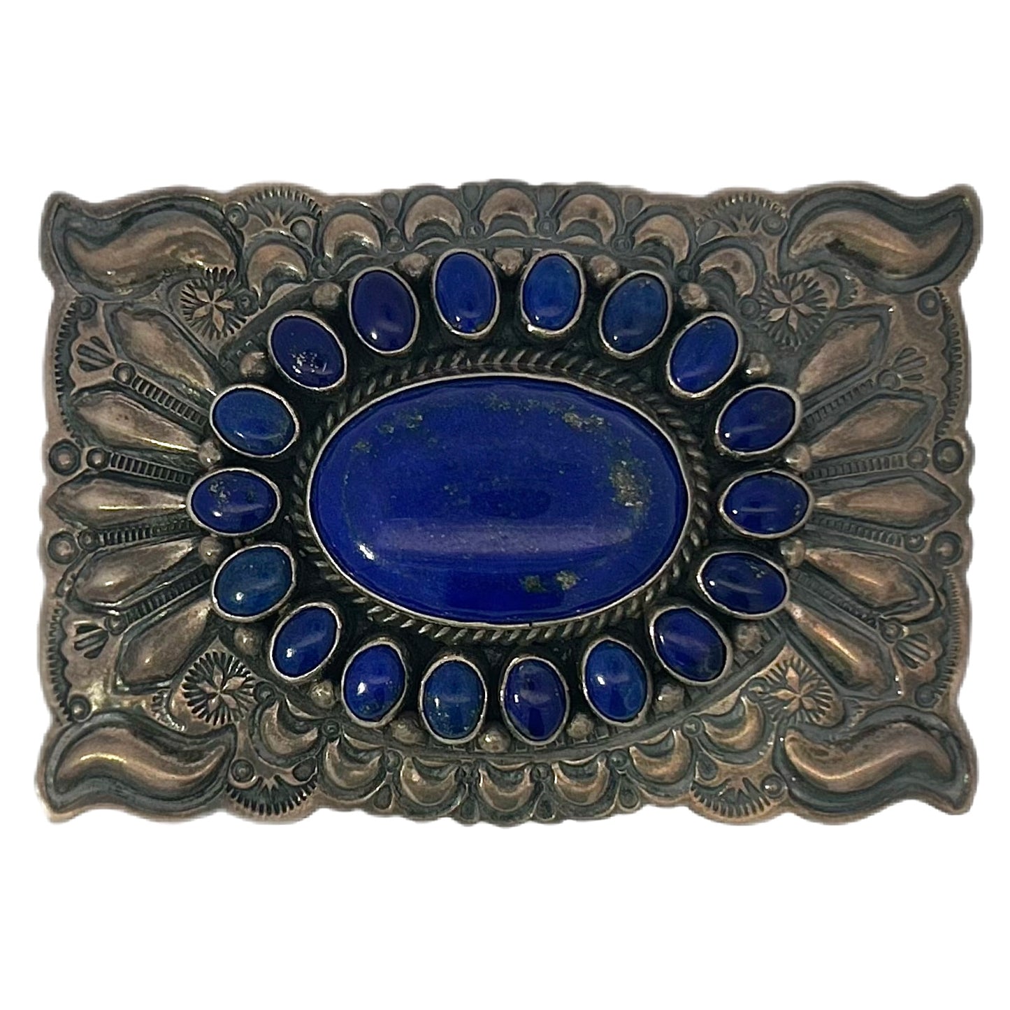 Lapis Lazuli Cabochon & Halo Silver Belt Buckle