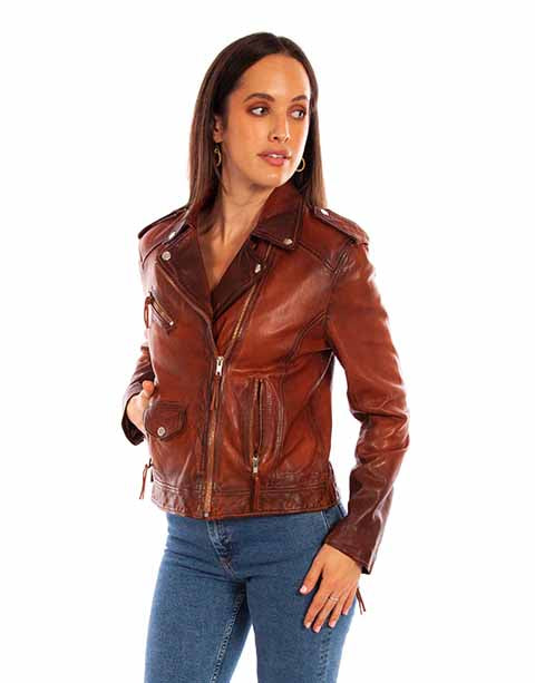 Women's Leather Zip Front Motorcycle Jacket