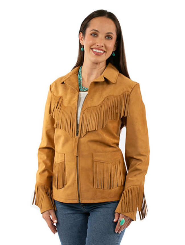 Women's Suede Fringe Jacket with Red Floral Embroidery