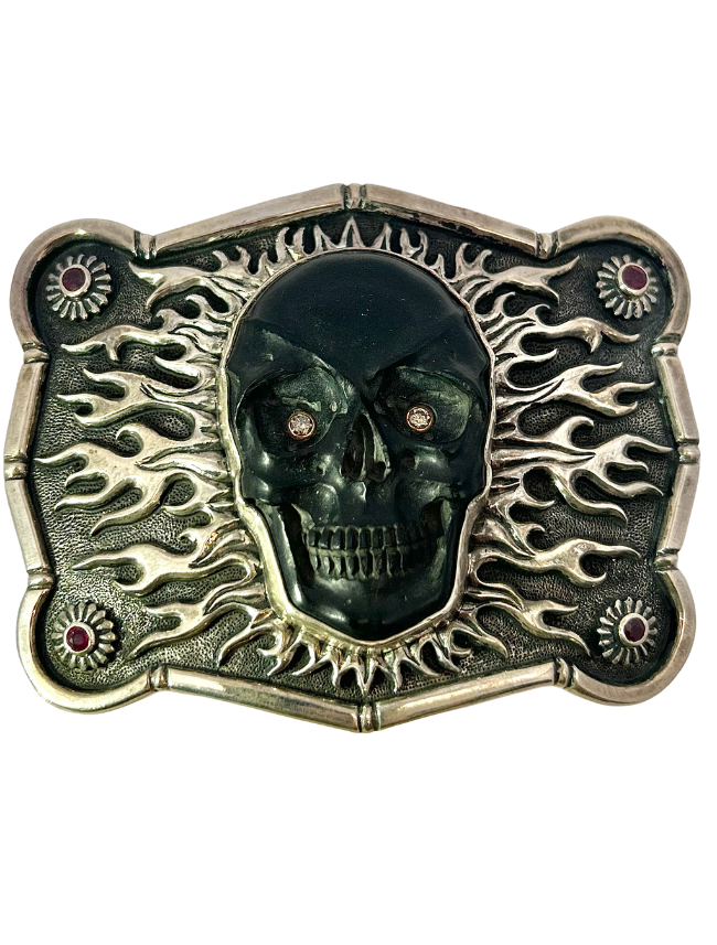 Front view of Lee Downey Sterling Silver Skull Belt Buckle
