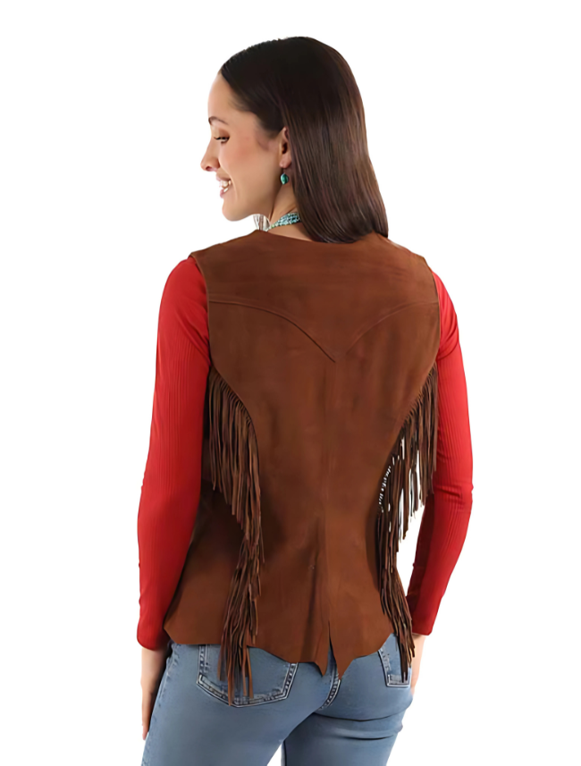 Woman wearing a brown fringed vest over a red shirt on a white background
