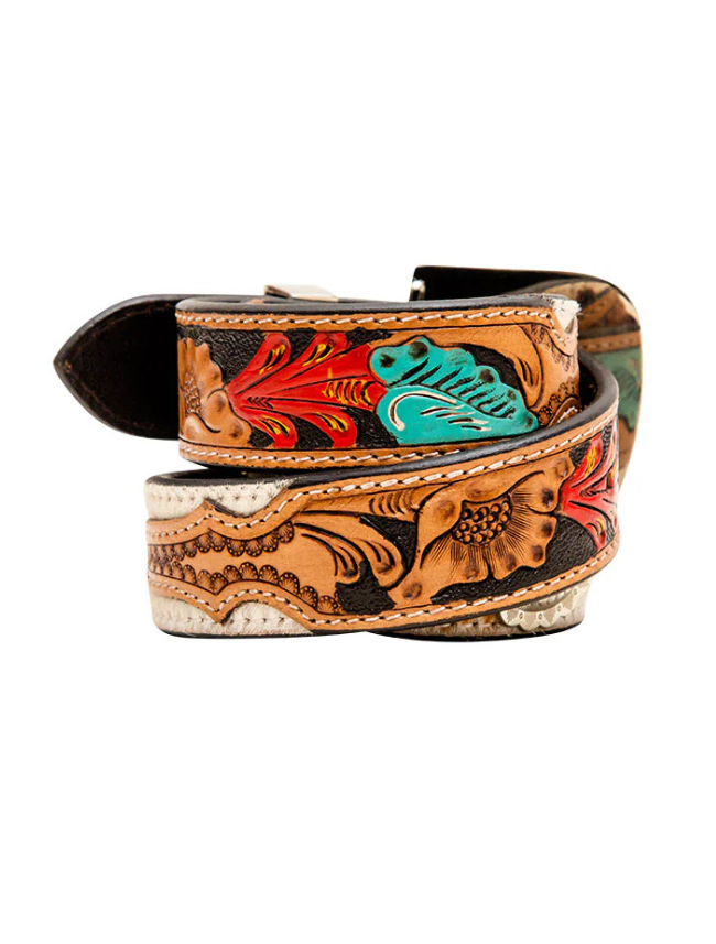 Decorative leather belt with floral patterns and colorful accents on a white background