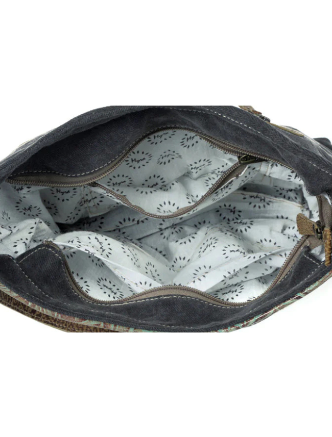 Open bag showing interior with patterned lining on a white background