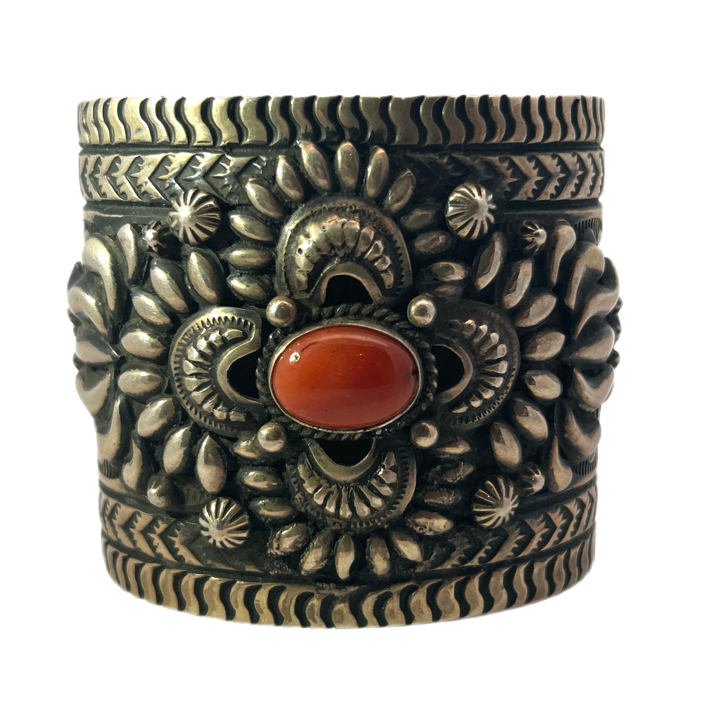 Darryl Becenti Red Spiny Oyster Shell Cabochon Silver Cuff Bracelet