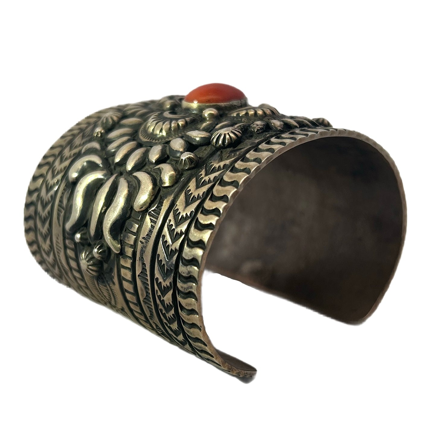 Darryl Becenti Red Spiny Oyster Shell Cabochon Silver Cuff Bracelet