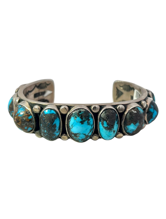 Front view of Orville Tsinnie Sterling Silver Bisbee Blue Turquoise Cuff Bracelet