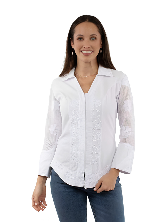 Scully Women's Embroided Blouse with Mesh Sleeves