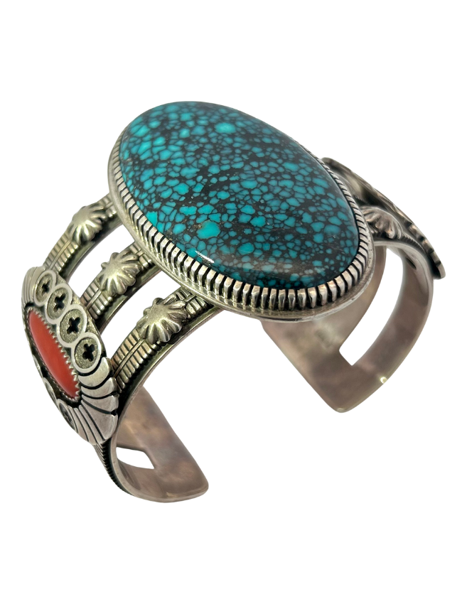Three quarter view of the R.J. Scott Sterling Silver Turquoise & Coral Cuff Bracelet