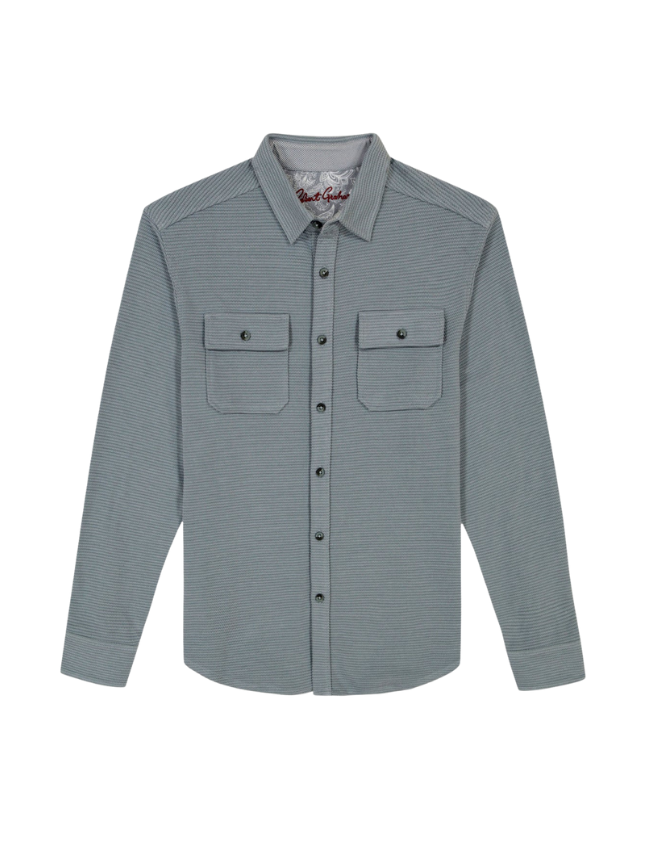 Blue textured shirt with two chest pockets on a white background
