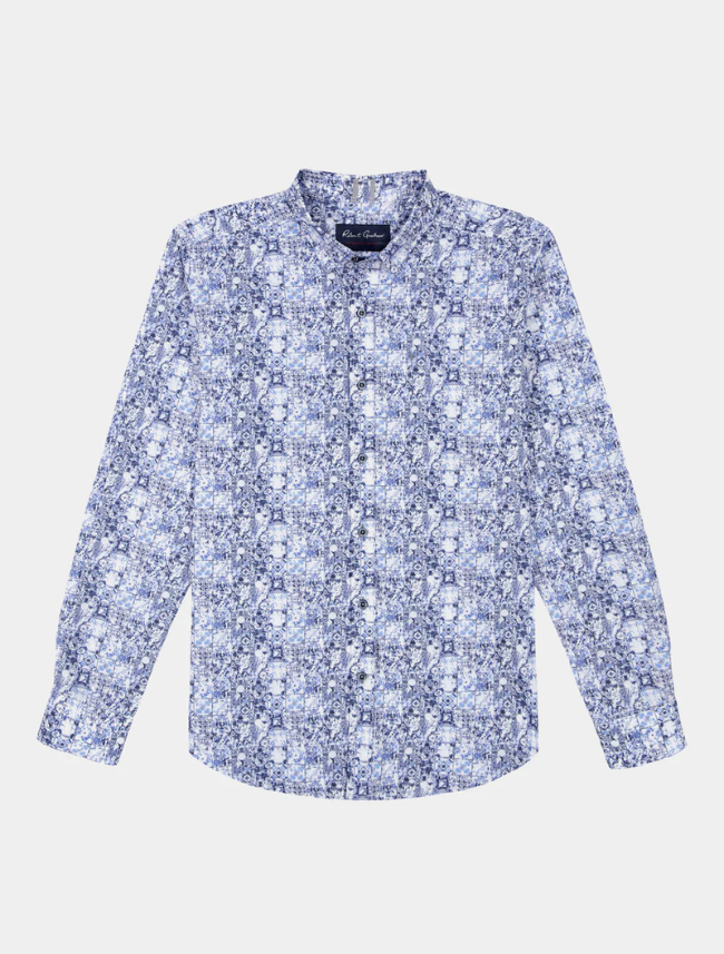 Blue floral patterned shirt on a light gray background