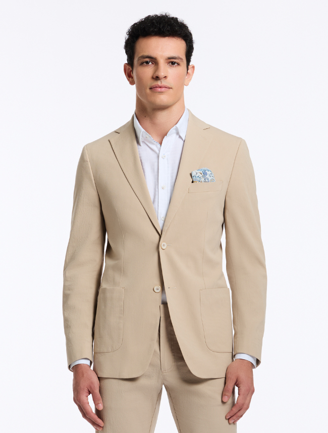 Front view of Robert Graham Rayburn Blazer in Tan – classic woven texture with notch lapel and two-button closure.