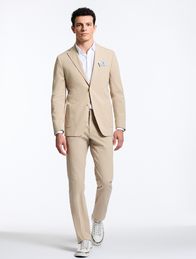 Full body view of Robert Graham Rayburn Blazer in Tan – classic woven texture with notch lapel and two-button closure.