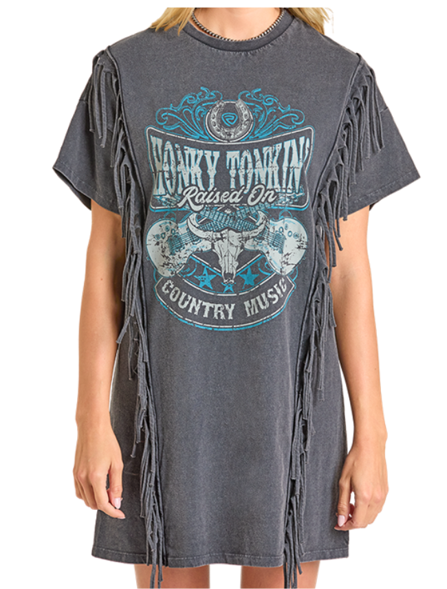 Gray t-shirt dress with fringe details and graphic design on a white background