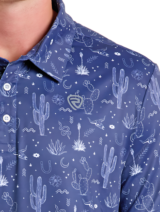 Rock & Roll Denim Men's Cactus Printed Polo in Blue