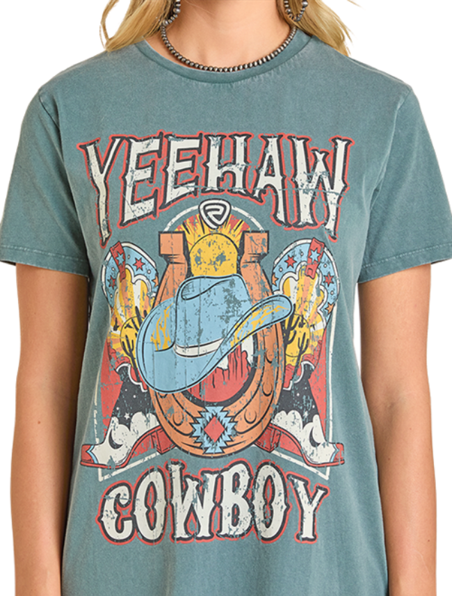 Teal t-shirt with 'Yeehaw Cowboy' graphic design featuring a cowboy hat and western elements.