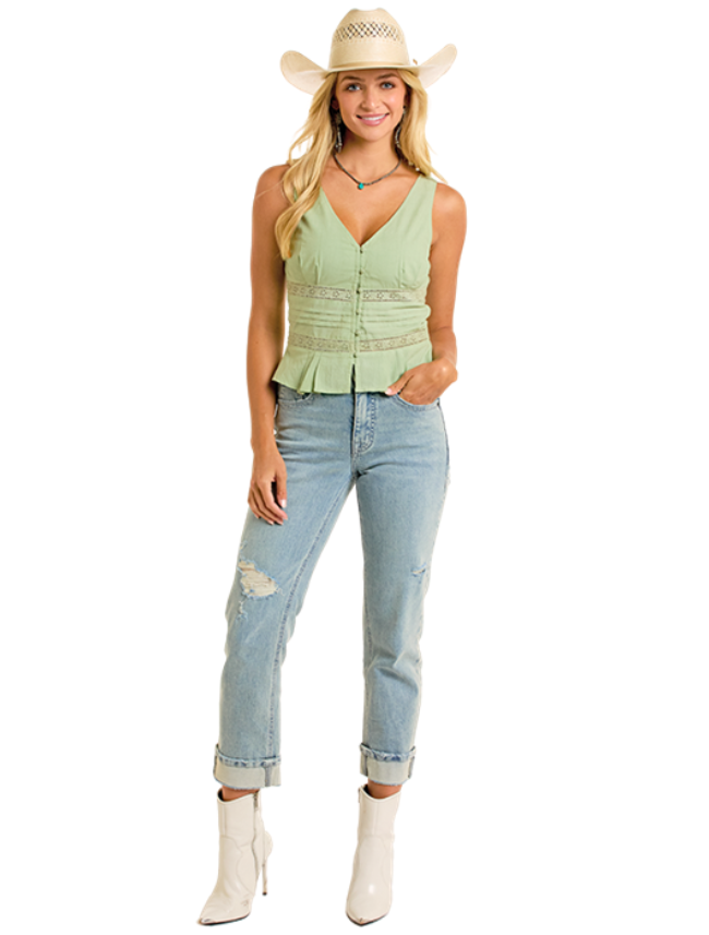 Front, full body view of the Rock & Roll Denim Eyelet Inset Tank Top in jade