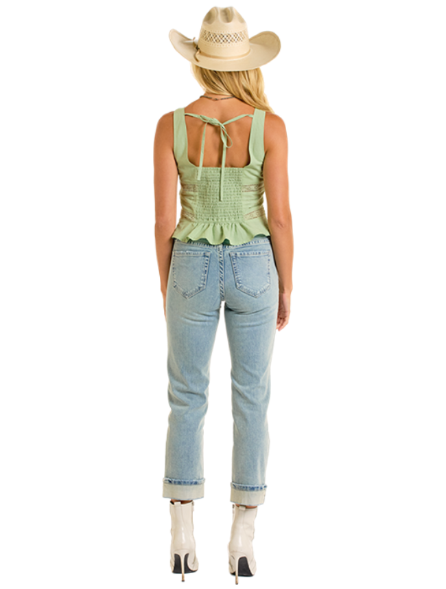 Back, full body view of the Rock & Roll Denim Eyelet Inset Tank Top in jade