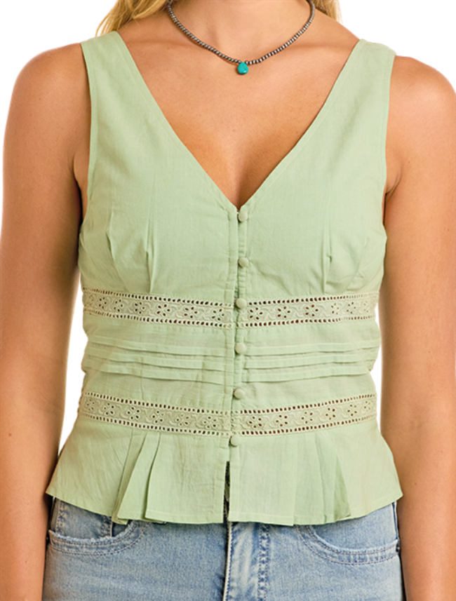 Front, close up torso view of the Rock & Roll Denim Eyelet Inset Tank Top in jade with emphasis on eyelet detail