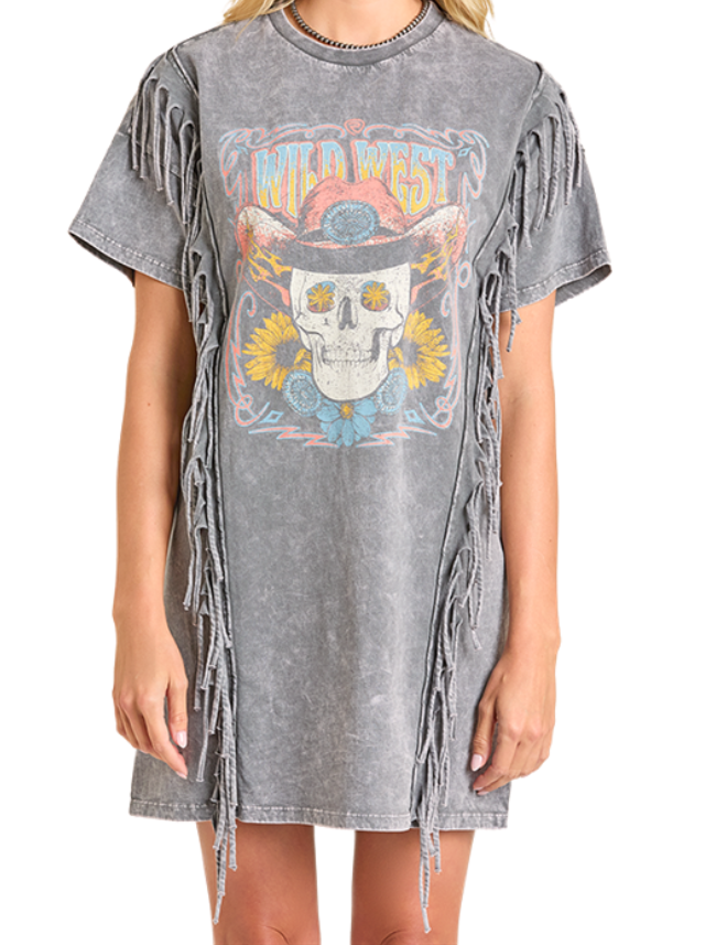 Gray fringed dress with a graphic design on a white background