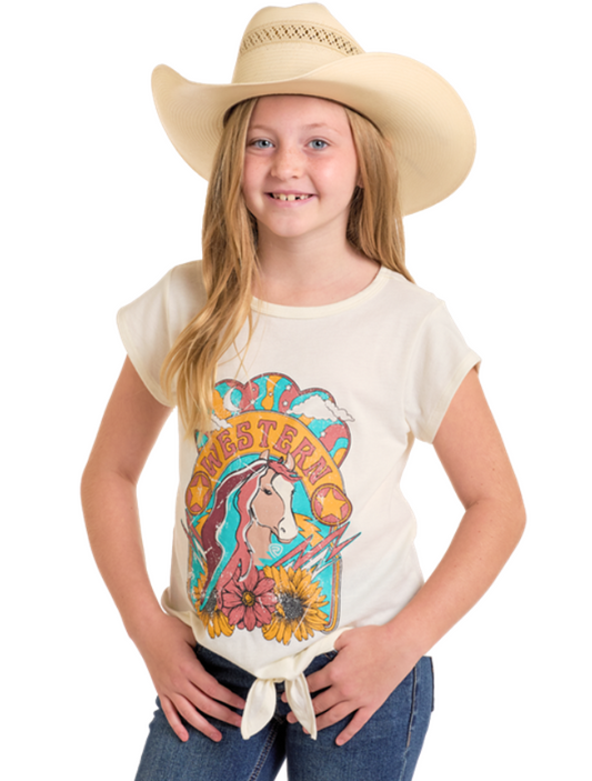 Front, torso view of Rock & Roll Denim Girls' Graphic Western Tee with Tie