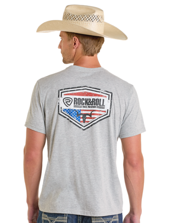 Back, torso view of the Rock & Roll Denim Men's Americano Western Graphic T-Shirt