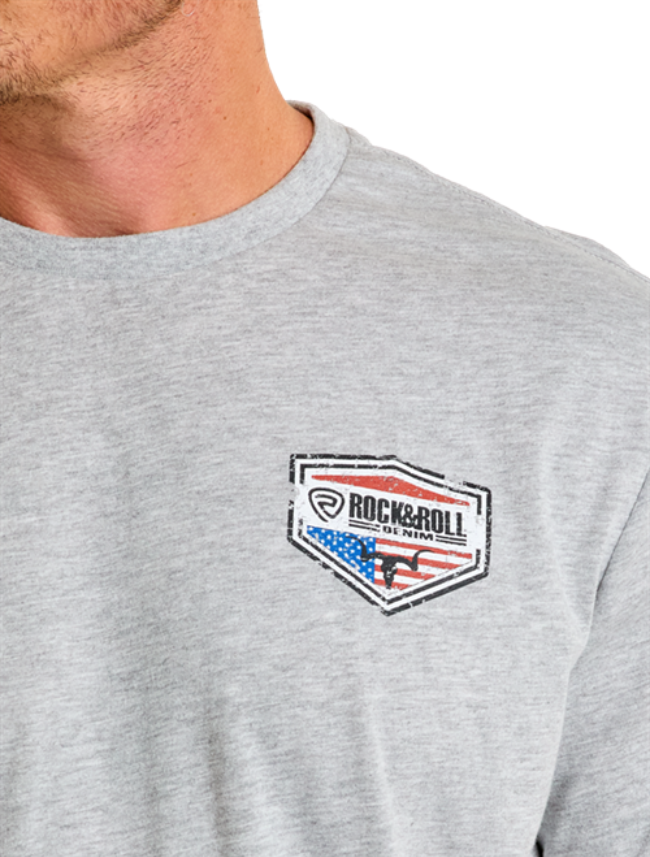 Front, close up of shoulder on the Rock & Roll Denim Men's Americano Western Graphic T-Shirt with emphasis on brand logo American flag graphic