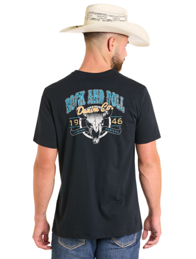 Back, torso view of Rock & Roll Denim Men's Black Skull Western Graphic T-Shirt
