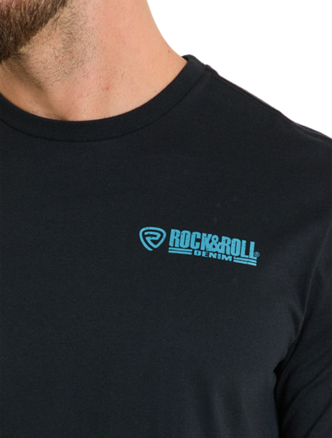 Close up of shoulder on Rock & Roll Denim Men's Black Skull Western Graphic T-Shirt with emphasis on blue brand logo