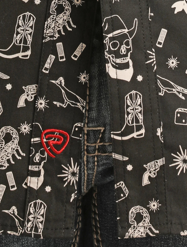 A close-up of a black short sleeve snap shirt with a tattoo print.