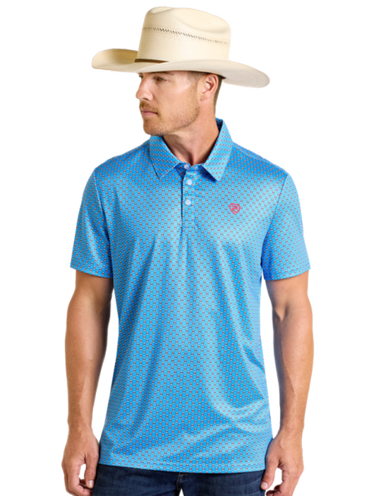 Front, torso view of Rock & Roll Denim Men's Blue Geo Printed Western Polo