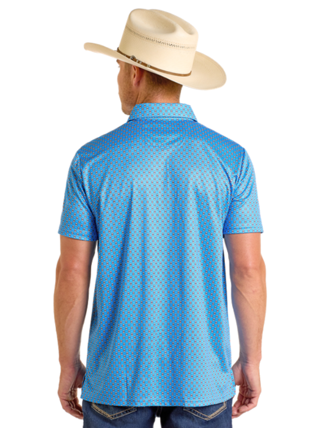 Back, torso view of Rock & Roll Denim Men's Blue Geo Printed Western Polo