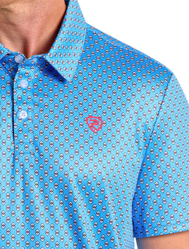 Close up shoulder view of Rock & Roll Denim Men's Blue Geo Printed Western Polo with emphasis on geometric pattern and red brand logo