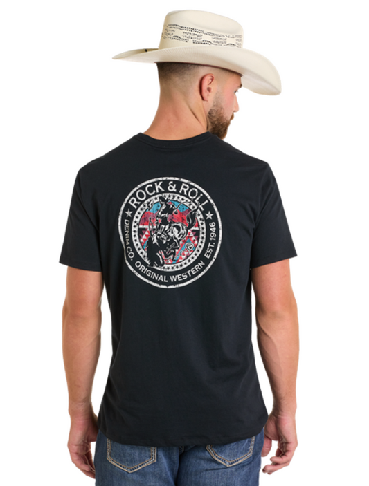 Back, torso view of Rock & Roll Denim Men's Bronco Rider Western Graphic T-Shirt