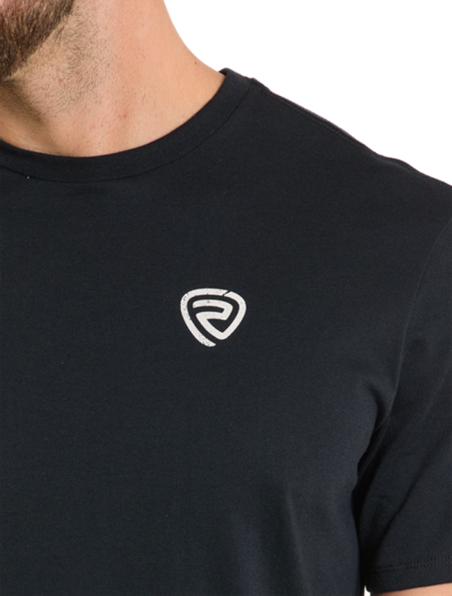 Front, close up shoulder view of Rock & Roll Denim Men's Bronco Rider Western Graphic T-Shirt with emphasis on brand logo
