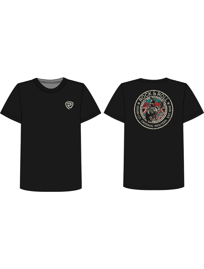 Front and back of Rock & Roll Denim Men's Bronco Rider Western Graphic T-Shirt