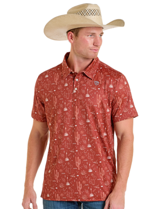 Front, torso view of the Rock & Roll Denim Men's Cactus Printed Western Polo in rust