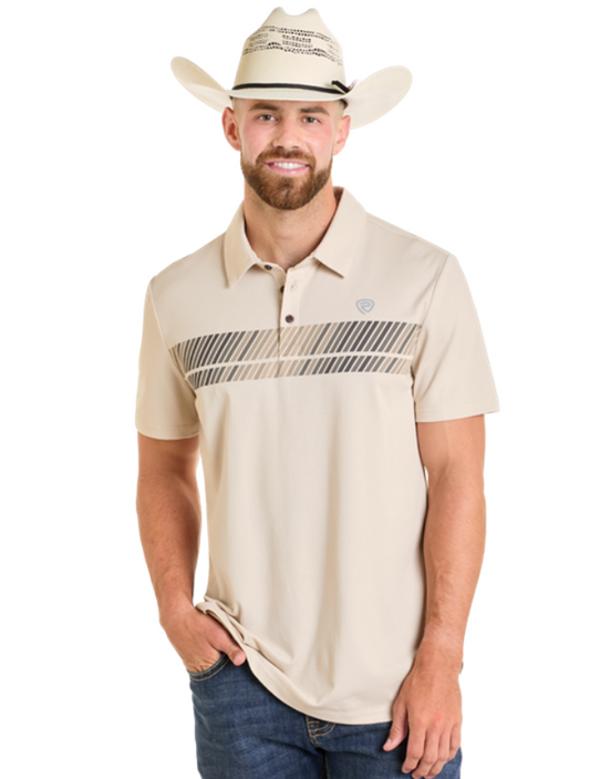 Front, torso view of Rock & Roll Denim Men's Cream Border Western Polo