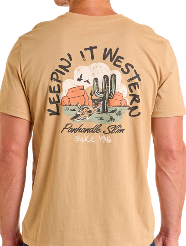 Back, torso view of Rock & Roll Men's "Keepin' It Western" Graphic T-Shirt with emphasis on back graphic and desert scene