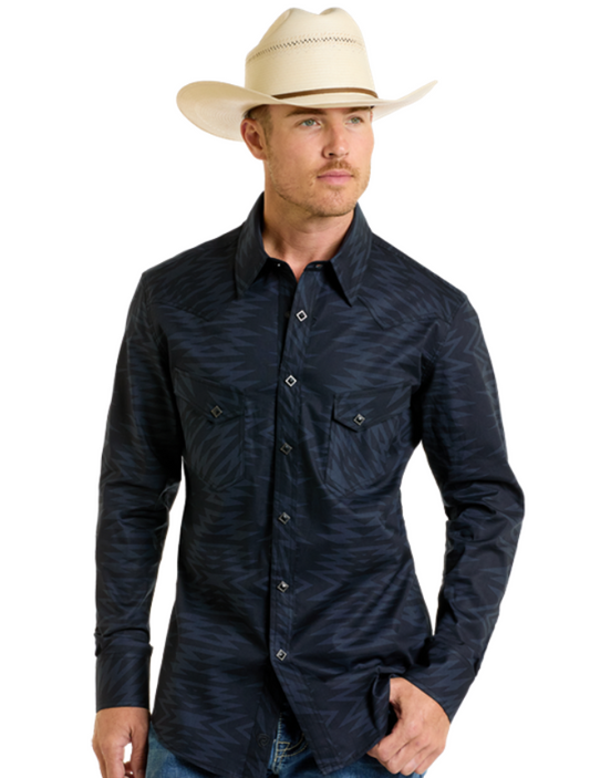 Front, torso view of the Rock & Roll Denim Men's Long Sleeve Aztec Print Western Snap Shirt