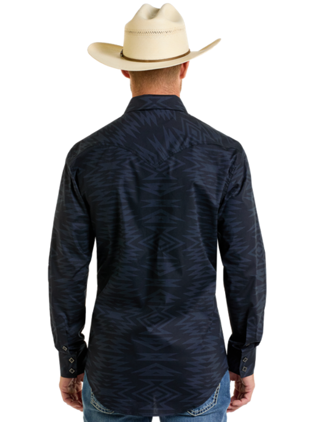 Back, torso view of the Rock & Roll Denim Men's Long Sleeve Aztec Print Western Snap Shirt
