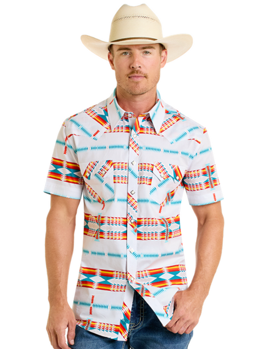Front, torso view of the Rock & Roll Denim Men's Short Sleeve Aztec Print Western Snap Front Shirt