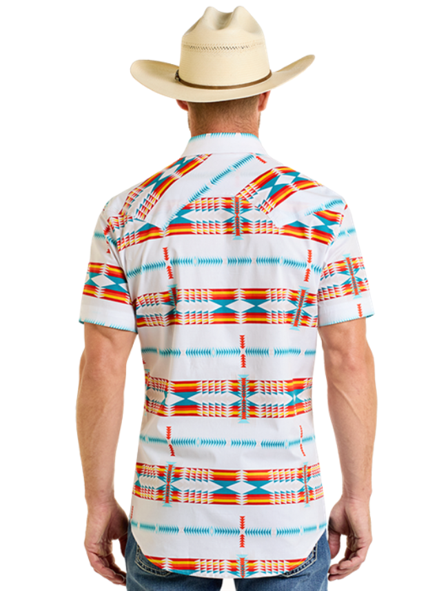Back, torso view of the Rock & Roll Denim Men's Short Sleeve Aztec Print Western Snap Front Shirt