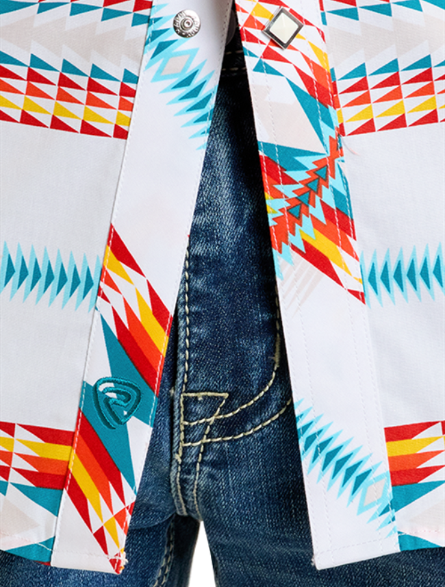 Front, close up view of the Rock & Roll Denim Men's Short Sleeve Aztec Print Western Snap Front Shirt with emphasis on multicolor aztec print, snap buttons, and teal brand emblem