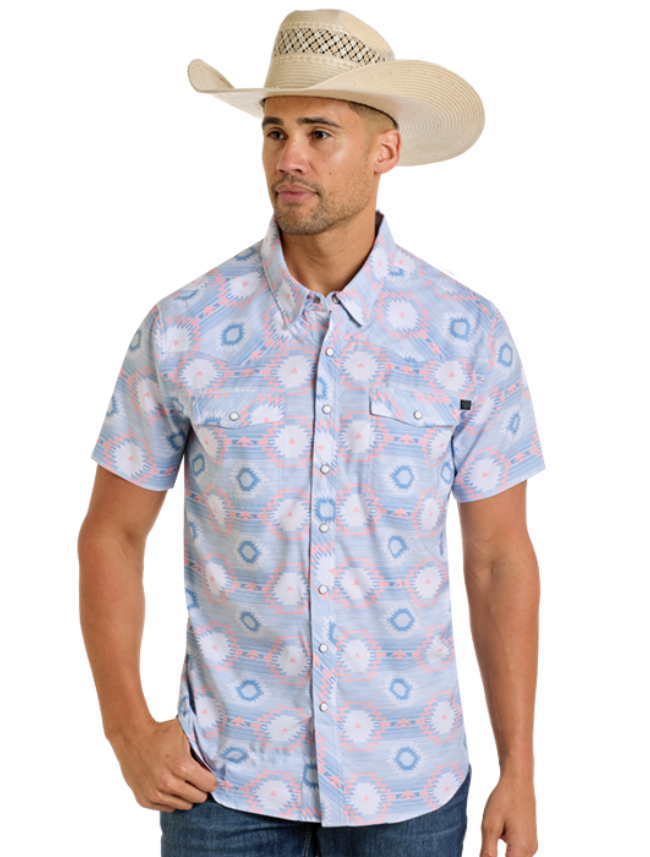 Front, torso view of the Rock & Roll Denim Men's TEK Aztec Print Western Short Sleeve Shirt