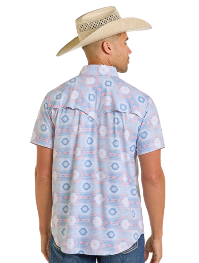 Back, torso view of the Rock & Roll Denim Men's TEK Aztec Print Western Short Sleeve Shirt