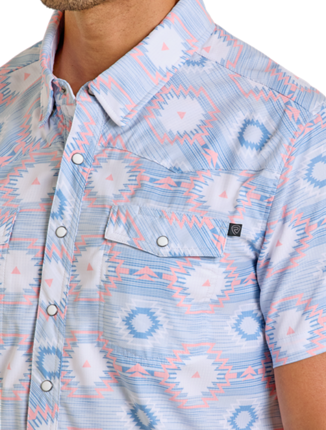 Front, close up of shoulder on the Rock & Roll Denim Men's TEK Aztec Print Western Short Sleeve Shirt with emphasis on pastel aztec print